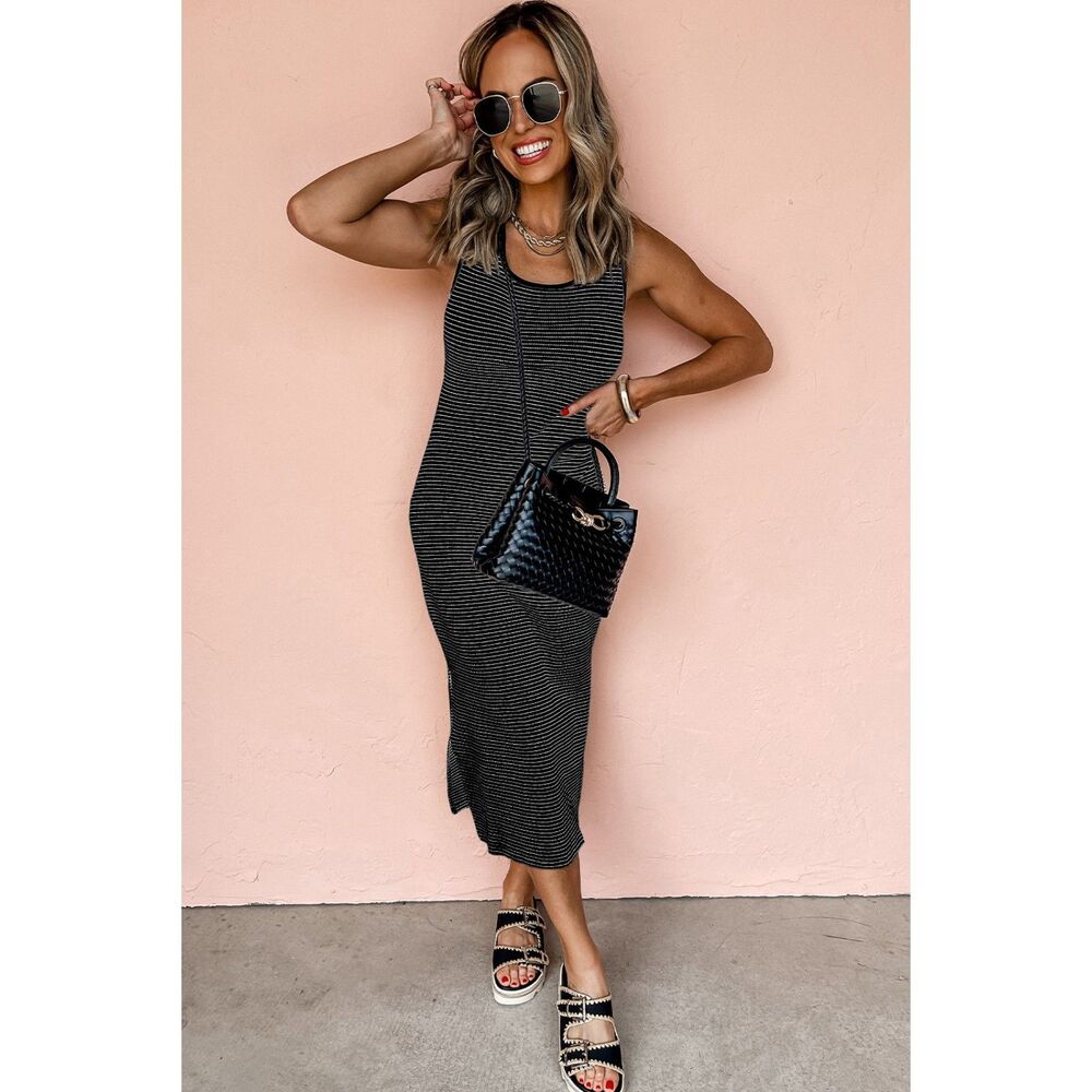 SHEWIN WOMENS BLACK STRIPED CRISS-CROSS BACK DRESS WITH SIDE SLITS